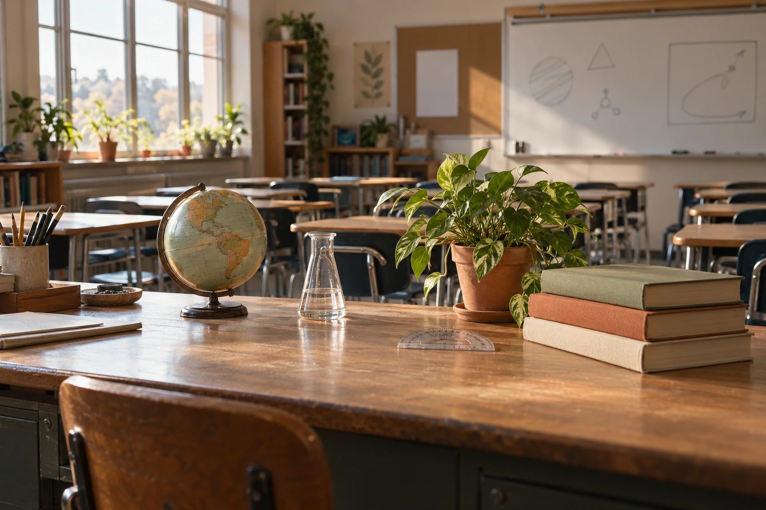 A teacher's desk in an empty classroom, with a globe, a glass flask, a protractor, a plant and a stack of books.