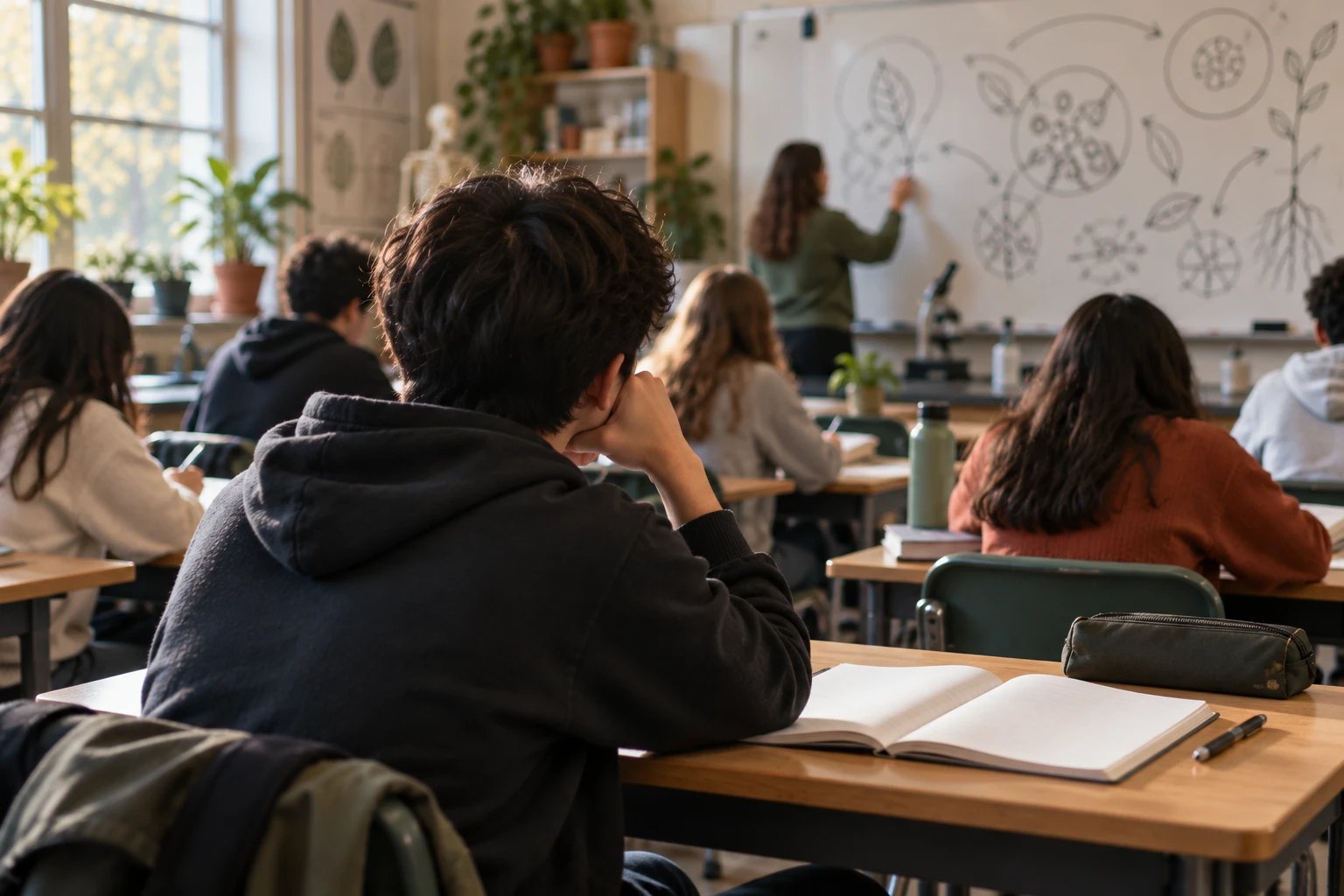 A student rests his head on his hand in a biology class while the teacher draws a busy diagram on the board.