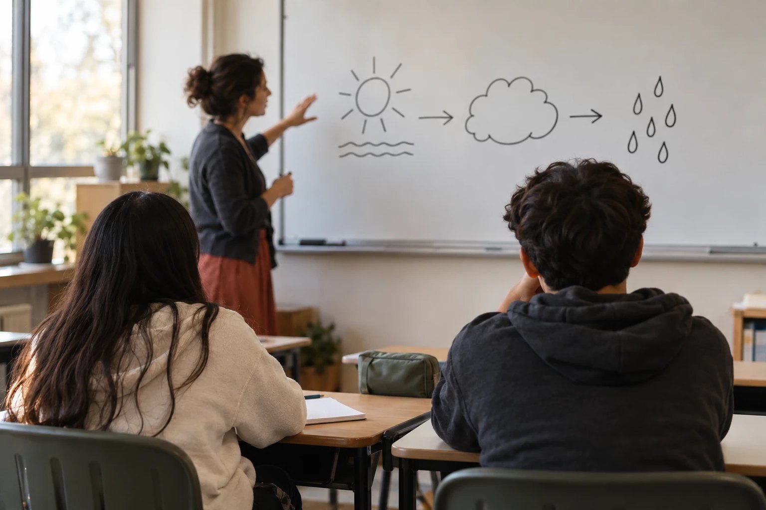 A teacher points to a sun, a cloud and raindrops drawn on the whiteboard as two students watch from their desks.