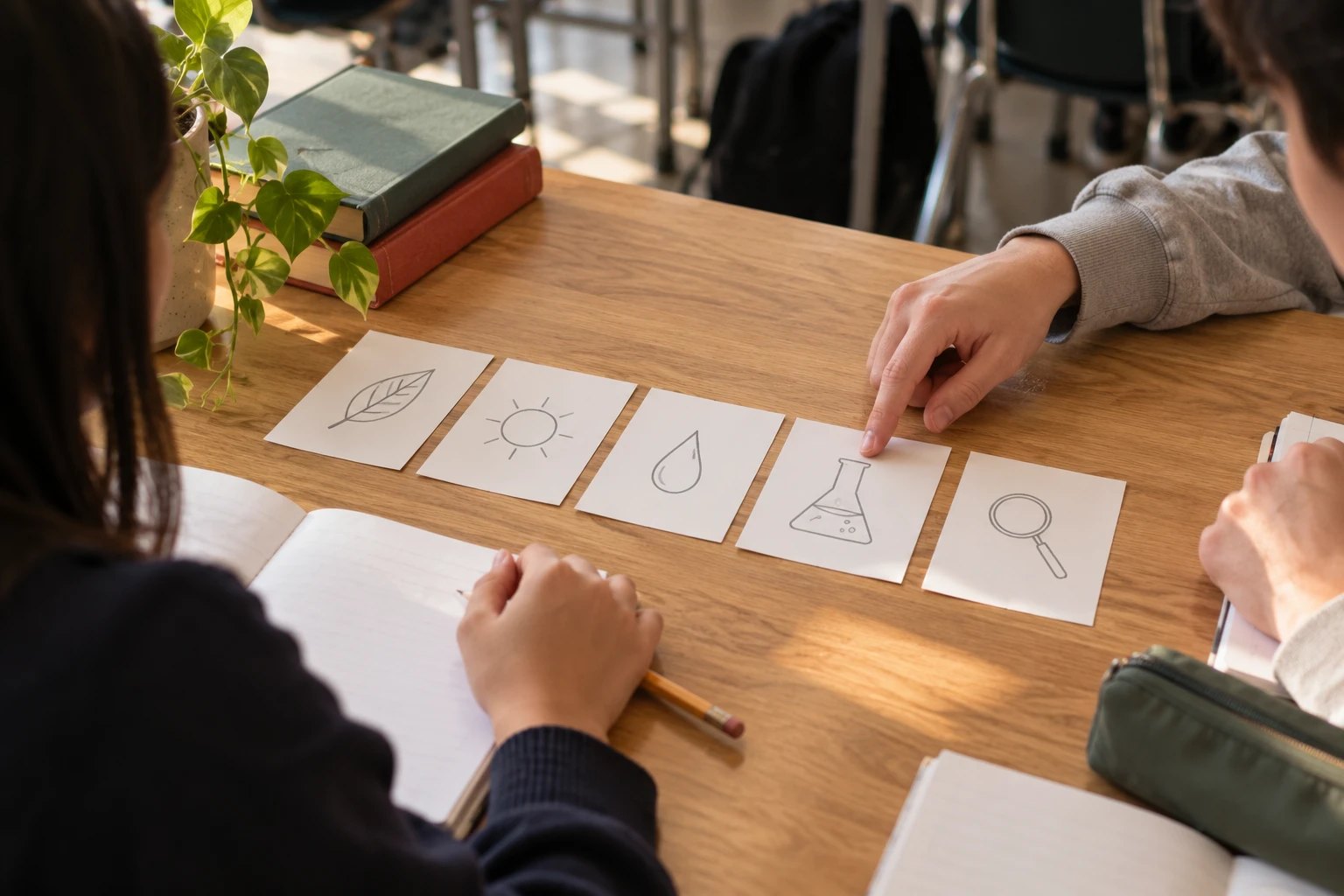 Two students at a desk with five picture cards: a leaf, a sun, a water drop, a flask and a magnifying glass.
