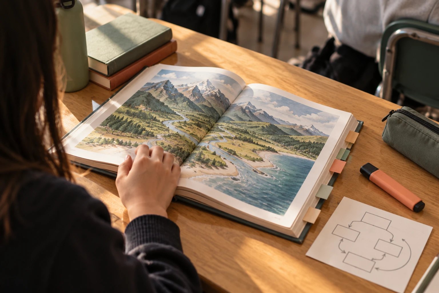A student's hand on a textbook open to a painted river valley, beside sticky tabs, a highlighter and a flowchart card.