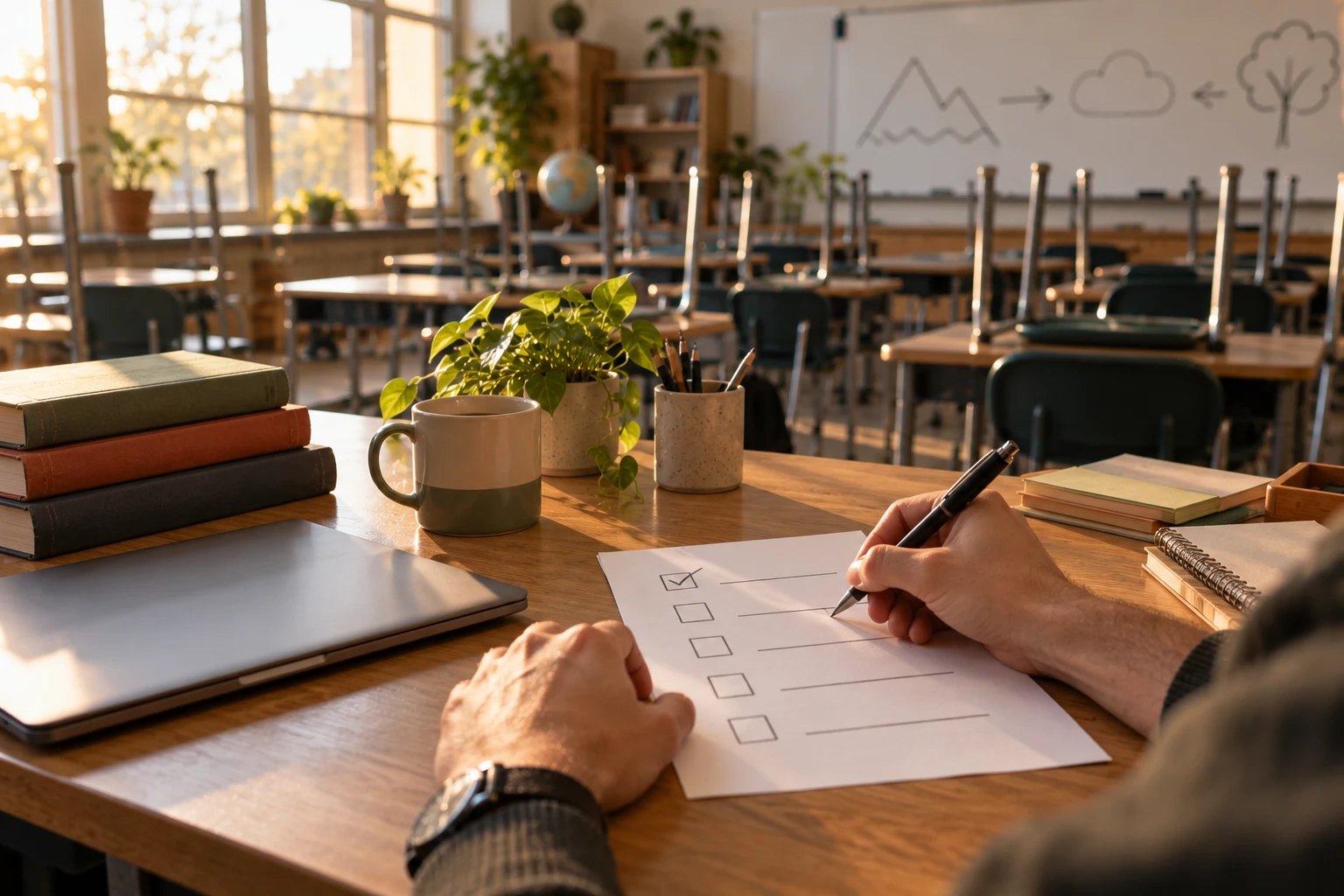 A teacher ticks the first box on a checklist at a desk in an empty classroom, beside a coffee mug and a closed laptop.