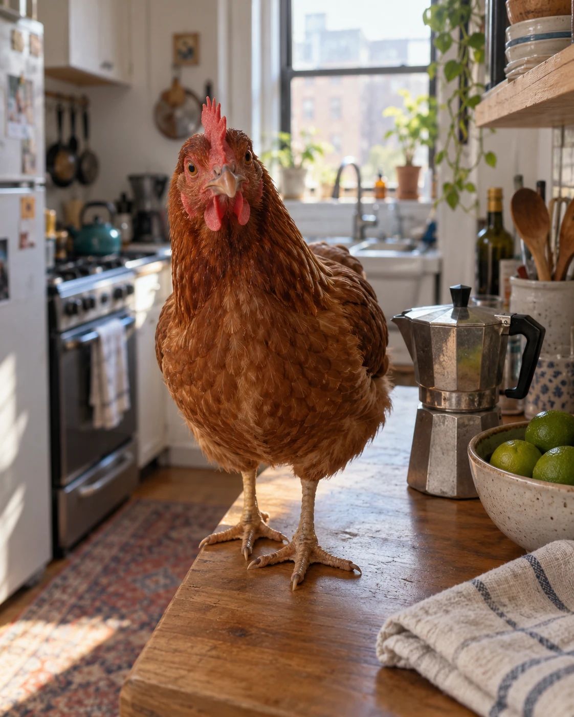 A brown hen standing on the kitchen counter of a small apartment, looking straight at the camera.