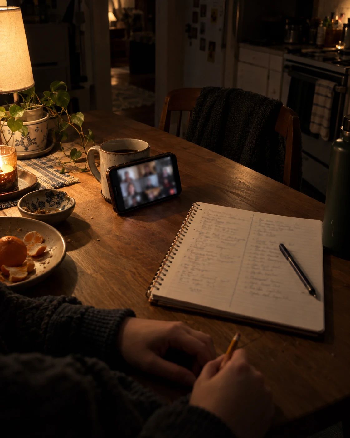 A phone propped against a mug on a kitchen table at night, showing a video call, beside an open notebook and a pen.