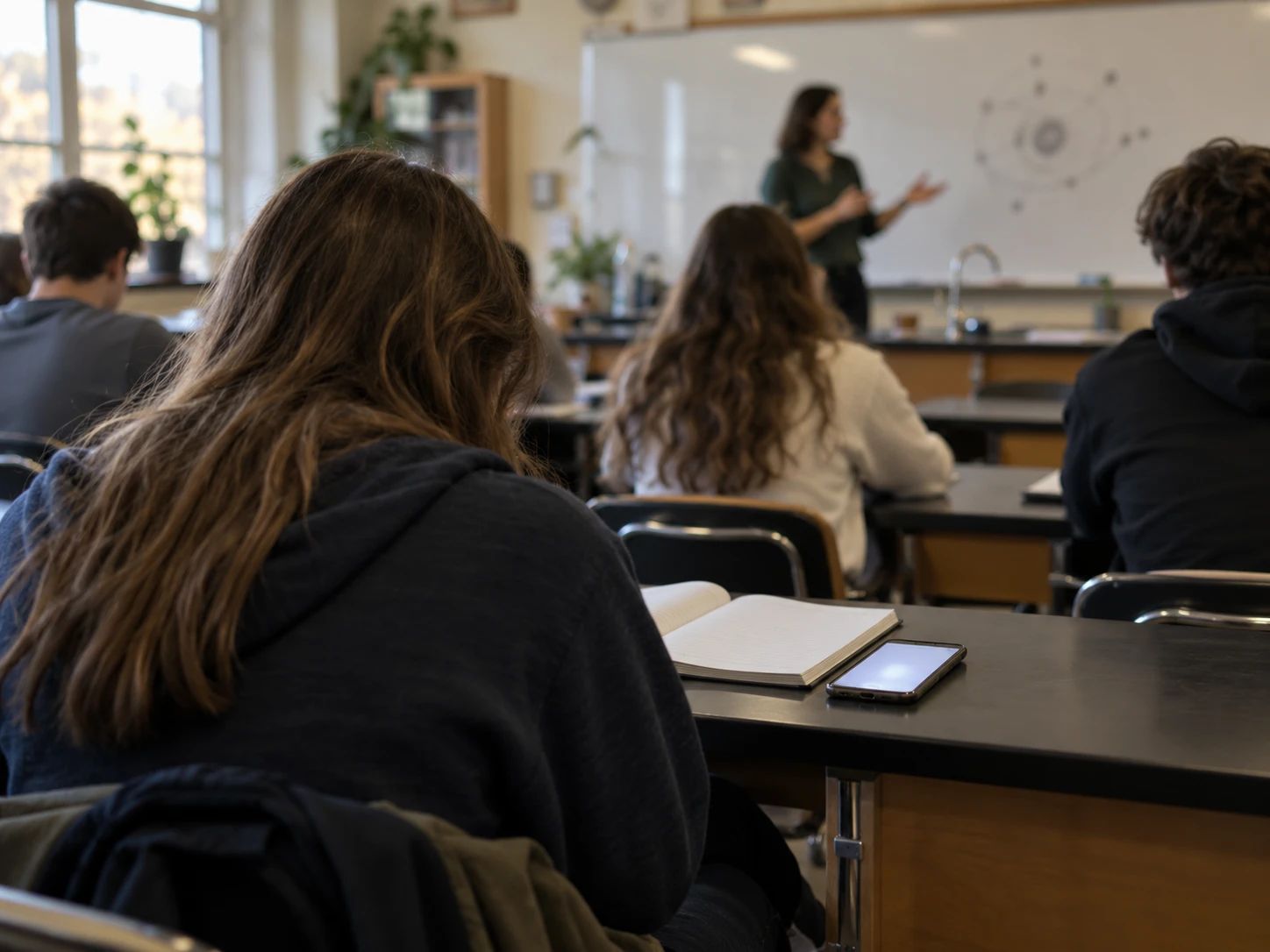 A classroom seen from behind a student in the third row, a phone lying on the desk, the teacher out of focus at the front.