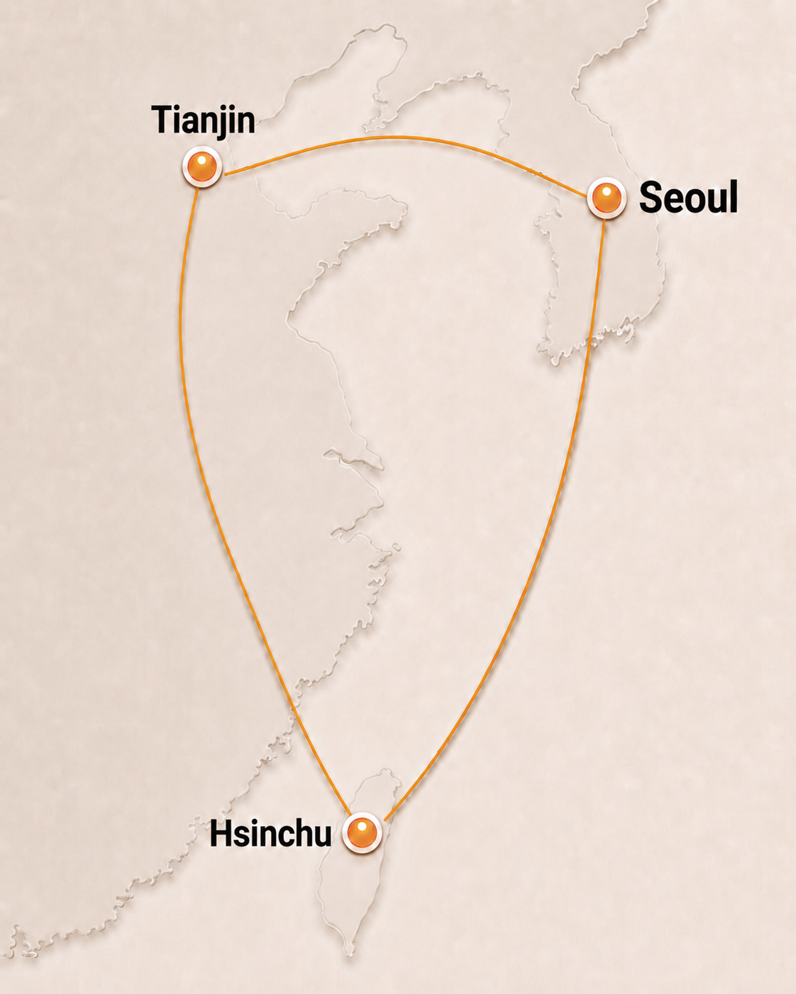 Map of East Asia showing Tianjin, Seoul, and Hsinchu — cities where Logan Shaffer has lived and taught