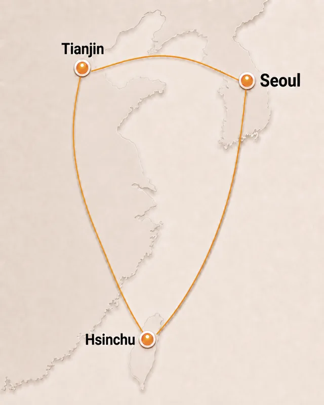 Map of East Asia showing Tianjin, Seoul, and Hsinchu, cities where Logan Shaffer has lived and taught