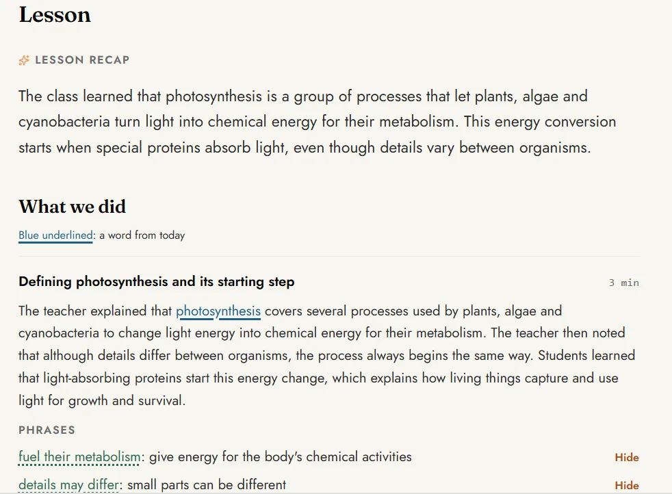 The lesson recap: a short summary of the photosynthesis lesson, a section on what the class did, and useful phrases with meanings.